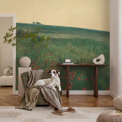 Fotobehang woonkamer met een patroon van papavervelden