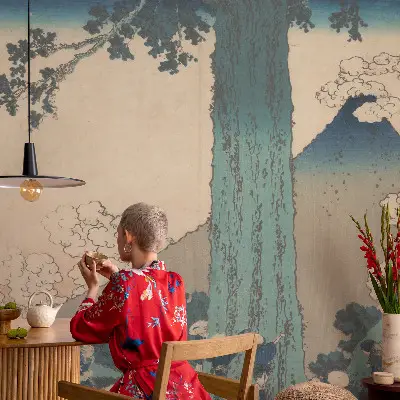 Fotobehang voor de slaapkamer met een bergpanorama in natuurlijke kleuren