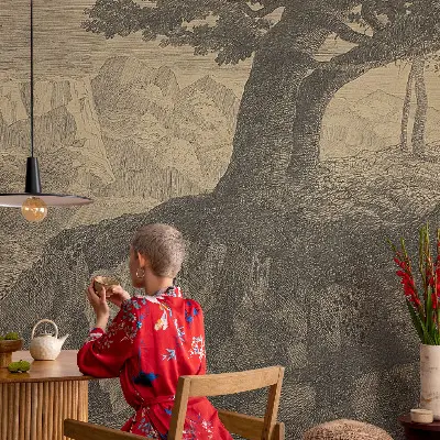 Modern fotobehang voor de woonkamer met lezende figuren als decoratie