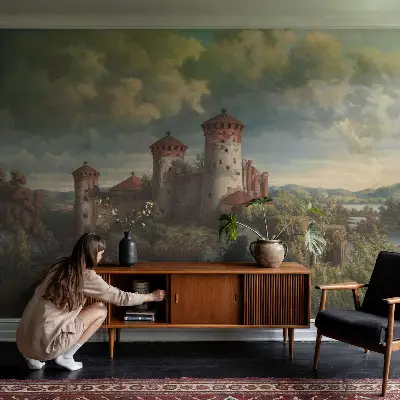 Vliesbehang fotobehang woonkamer met een romantisch landschap