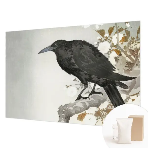 Fotobehang slaapkamer met een raaf temidden van bloemen