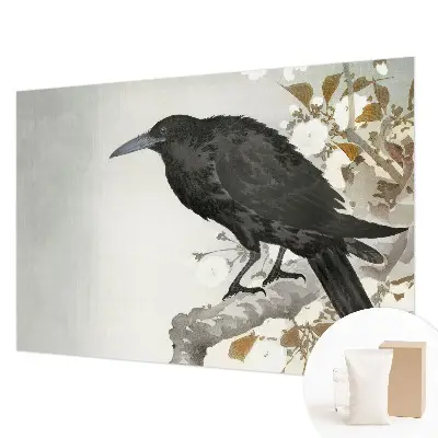 Fotobehang slaapkamer met een raaf temidden van bloemen
