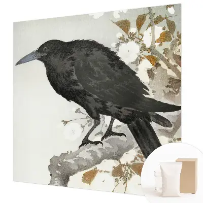 Fotobehang slaapkamer met een raaf temidden van bloemen