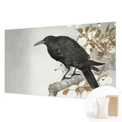 Fotobehang slaapkamer met een raaf temidden van bloemen