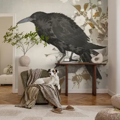 Fotobehang slaapkamer met een raaf temidden van bloemen