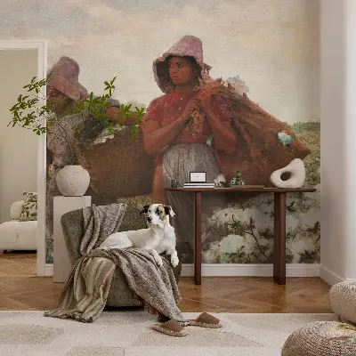 Modern fotobehang voor de woonkamer met het ontwerp 'Werken in het veld' als muurbekleding