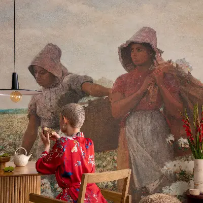 Modern fotobehang voor de woonkamer met het ontwerp 'Werken in het veld' als muurbekleding