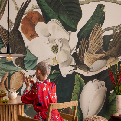 Behang met print Vogels magnolia's