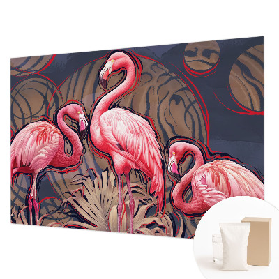 Vliesbehang fotobehang woonkamer met roze flamingo's als motief