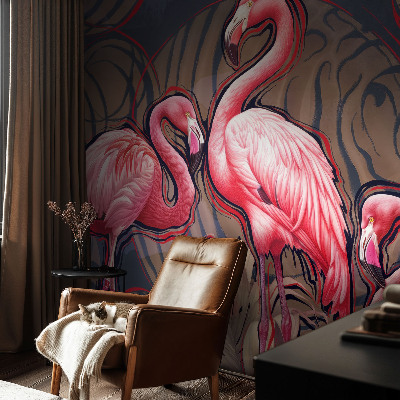 Vliesbehang fotobehang woonkamer met roze flamingo's als motief