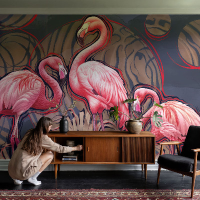 Vliesbehang fotobehang woonkamer met roze flamingo's als motief