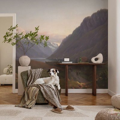 Fotobehang woonkamer met een bergpanorama