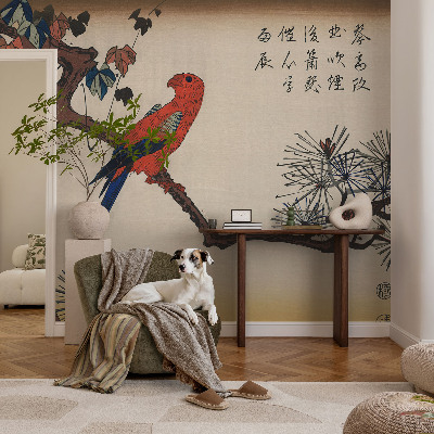 Fotobehang woonkamer met een afbeelding van een vogel die op een tak zit