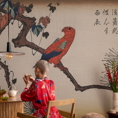 Fotobehang woonkamer met een afbeelding van een vogel die op een tak zit