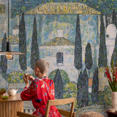Modern fotobehang met illustratie van cipressenhuizen