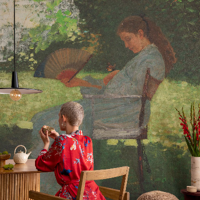 Fotobehang woonkamer in zomerachtige kleuren met een harmonieuze uitstraling