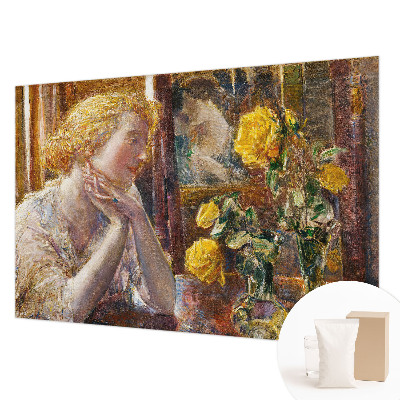 Vliesbehang fotobehang woonkamer met afbeelding van een vrouw tussen rozen