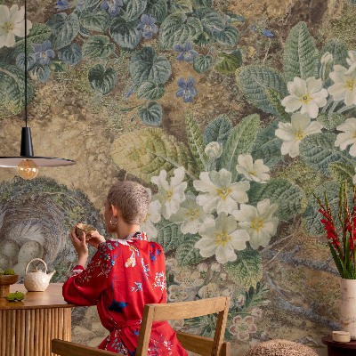 Vliesbehang fotobehang woonkamer met een lentekompositie