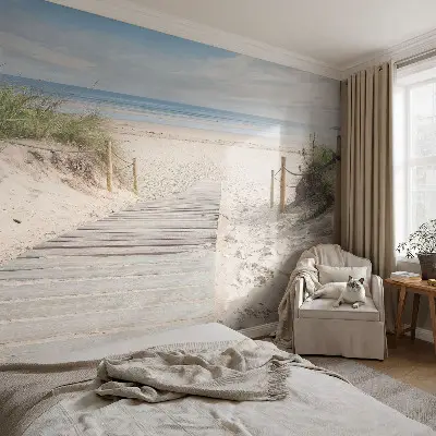 Foto behang voor de keuken met een afbeelding van een houten loopbrug