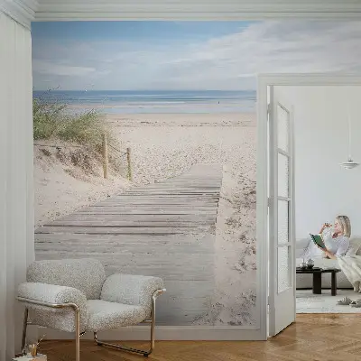 Foto behang voor de keuken met een afbeelding van een houten loopbrug