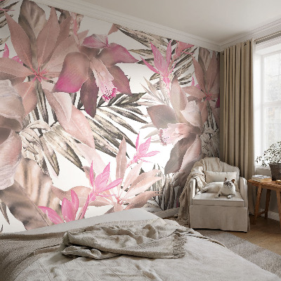 Zelfklevende behangsticker met een motief van exotische bloemen
