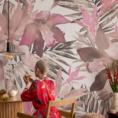 Zelfklevende behangsticker met een motief van exotische bloemen