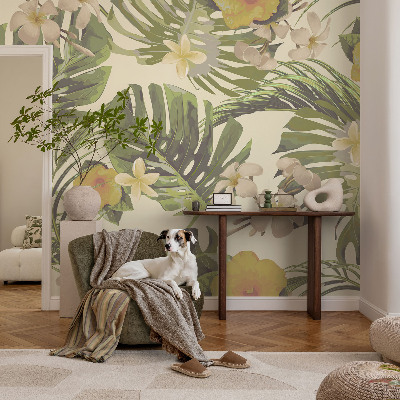 Fotobehang tienerkamer met exotische bloemen en bladeren