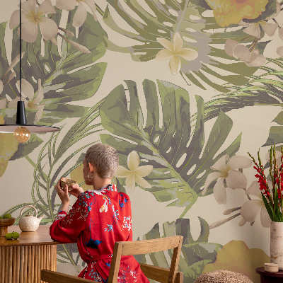 Fotobehang tienerkamer met exotische bloemen en bladeren