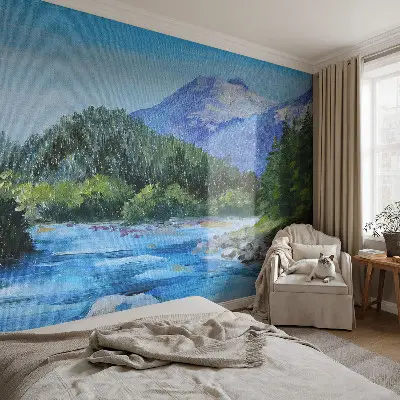 Fotobehang voor de kinderkamer met een illustratie van een berglandschap