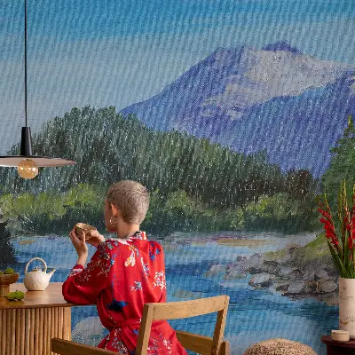 Fotobehang voor de kinderkamer met een illustratie van een berglandschap