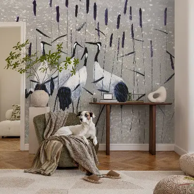 Fotobehang voor kinderkamer met een harmonieuze afbeelding van kraanvogels