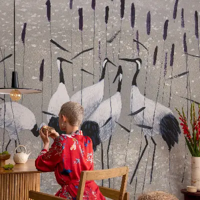 Fotobehang voor kinderkamer met een harmonieuze afbeelding van kraanvogels