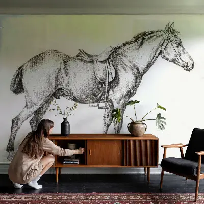 Zelfklevend fotobehang met een schets van een paard