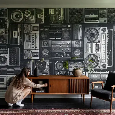 Fotobehang babykamer met een retro radio-motief