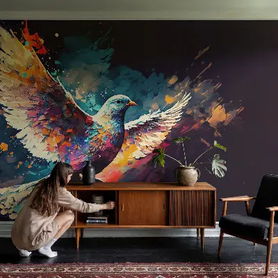 3D fotobehang met een kleurrijke vogel als motief