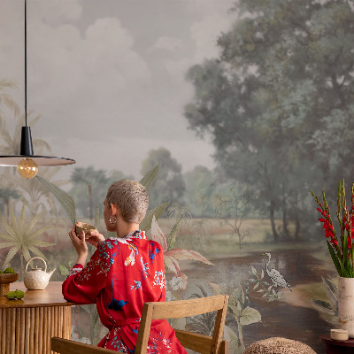Fotobehang babykamer met een exotisch landschap