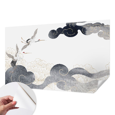 Foto behang voor de kinderkamer met een print van kraanvogels in vlucht