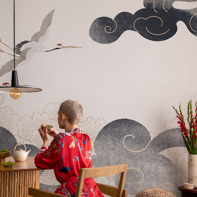 Foto behang voor de kinderkamer met een print van kraanvogels in vlucht