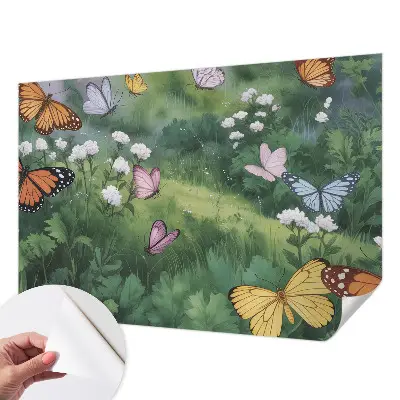Fotobehang voor de kinderkamer met vlinders in een kleurrijke weide