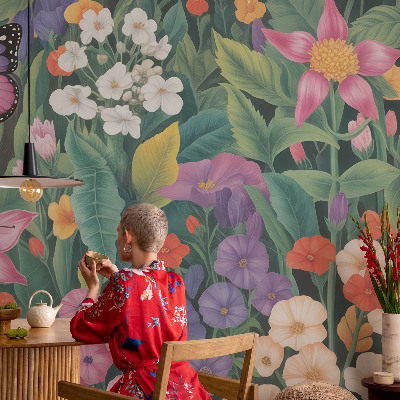 Foto behang voor de kinderkamer met een kleurrijke bloemenexplosie als print