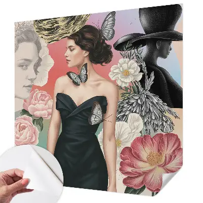 Fotobehang babykamer met bloemen en portretten als speels patroon