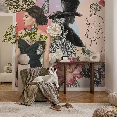 Fotobehang babykamer met bloemen en portretten als speels patroon