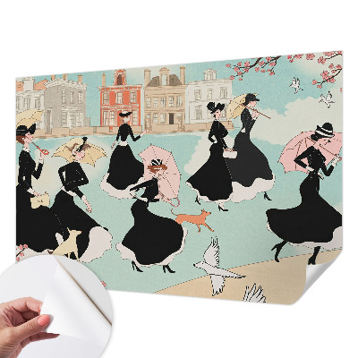 Fotobehang voor de kinderkamer met een print van vrouwen die lopen