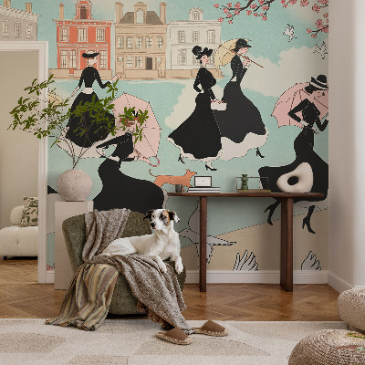 Fotobehang voor de kinderkamer met een print van vrouwen die lopen