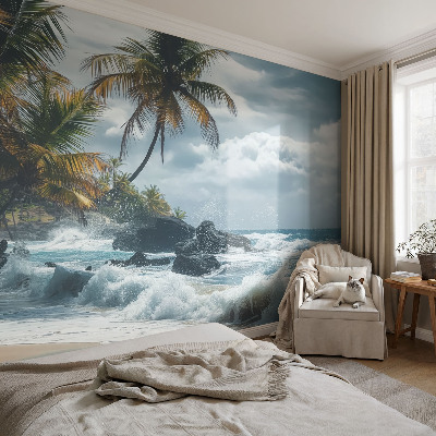 Zelfklevende behangsticker met een exotisch strandmotief