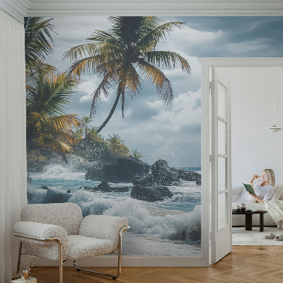 Zelfklevende behangsticker met een exotisch strandmotief