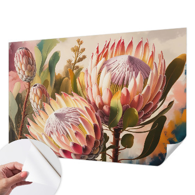 Foto behang voor de keuken met protea-bloemen als patroon