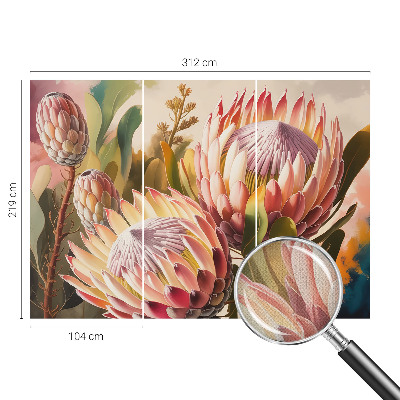 Foto behang voor de keuken met protea-bloemen als patroon