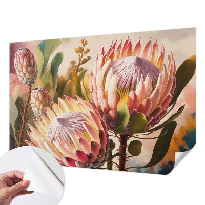 Foto behang voor de keuken met protea-bloemen als patroon