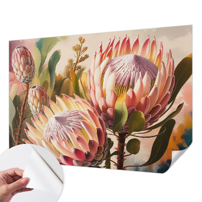 Foto behang voor de keuken met protea-bloemen als patroon